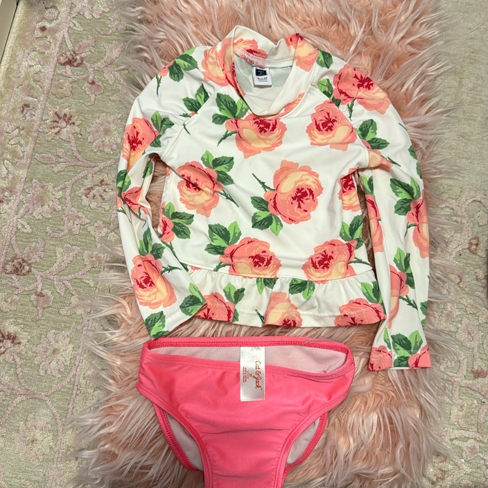 Janie & Jack Girls Long Sleeve Ruffled Rash Guard pink  Floral top 18-24mo